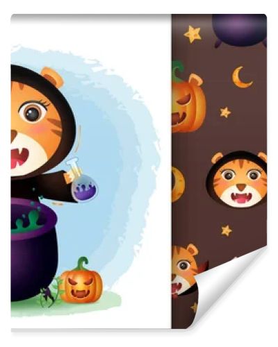 a cute tiger with witch costume halloween character collection. seamless pattern and illustration designs