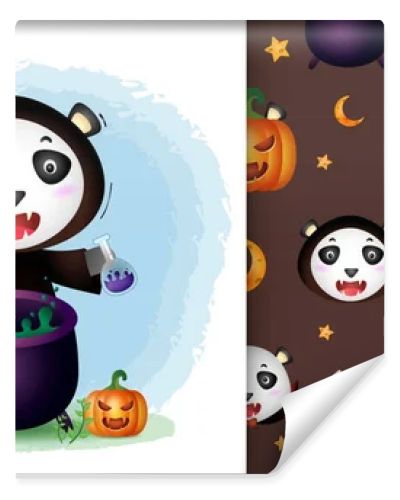 a cute panda with witch costume halloween character collection. seamless pattern and illustration designs