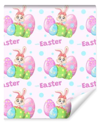 Seamless pattern with a cartoon bunny, an Easter egg and a paint brush