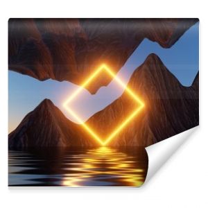 3d rendering, seascape with cliffs, water and yellow neon square geometric shape. Modern minimal abstract background. Spiritual zen wallpaper with sunset or sunrise light