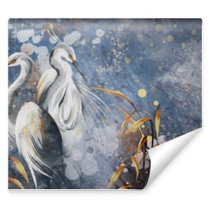 Painting with birds that sit in the leaves, art drawing on a textured background, photo wallpaper as a picture