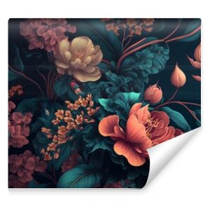 Dark floral background wallpaper design with multicolor flowers and leaves