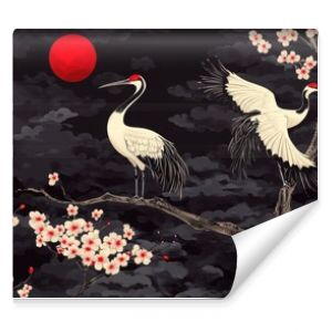 Oriental ornament with cranes and decorative elements of bonsai and cherry blossoms.