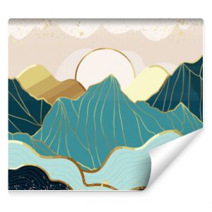 Gold mountain wallpaper design with landscape line arts, Golden luxury background design for cover, invitation background, packaging design, wall arts, fabric, and print. Vector illustration.