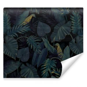 Botanical illustration. Tropical seamless pattern. Rainforest, jungle. Palm leaves, monstera, colocasia, banana. Hand drawing for design of fabric, paper, wallpaper, notebook covers