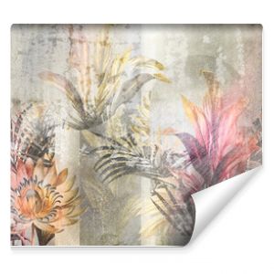  Tropics on the texture on a watercolor background, vintage style in pastel colors, photo wallpaper