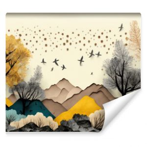 Brown trees with golden flowers and turquoise, black and gray mountains in light yellow background with white clouds and birds. 3d illustration wallpaper landscape art