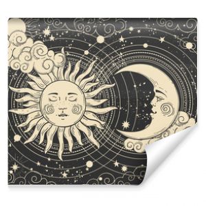 Magical banner for astrology, celestial alchemy. Heavenly art for the zodiac, tarot, device of the universe, crescent moon with a face, clouds, sun with the moon on a black background. Esoteric vector