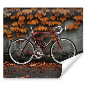 Rustic Bicycle Against Brick Wall With Autumn Leaves