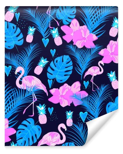 Tropical seamless pattern with flamingo, pineapple, palm and monstera. For textiles, prints, bedding, packaging design and wallpaper.