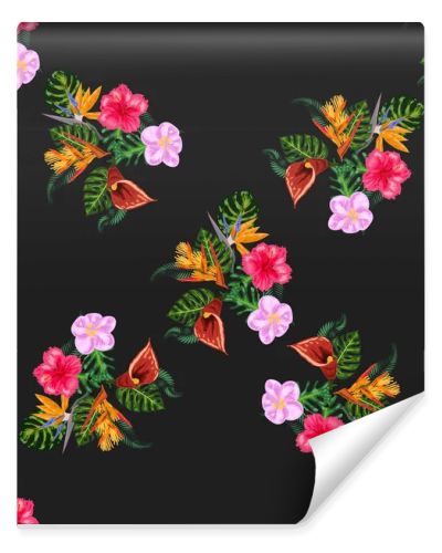 Tropical pink orchid flowers, monstera, banana palm leaves seamless pattern. Jungle foliage illustration. Exotic plants. Summer beach floral design. Paradise nature