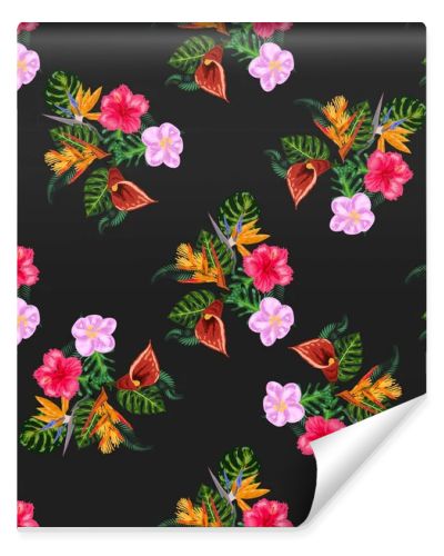 Tropical pink orchid flowers, monstera, banana palm leaves seamless pattern. Jungle foliage illustration. Exotic plants. Summer beach floral design. Paradise nature