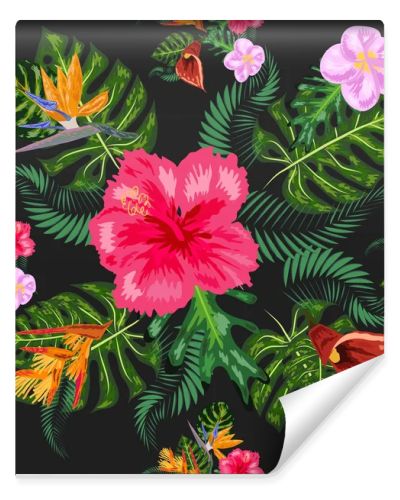 Tropical pink orchid flowers, monstera, banana palm leaves seamless pattern. Jungle foliage illustration. Exotic plants. Summer beach floral design. Paradise nature