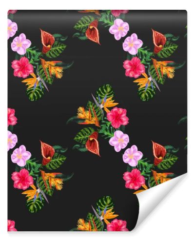 Tropical pink orchid flowers, monstera, banana palm leaves seamless pattern. Jungle foliage illustration. Exotic plants. Summer beach floral design. Paradise nature