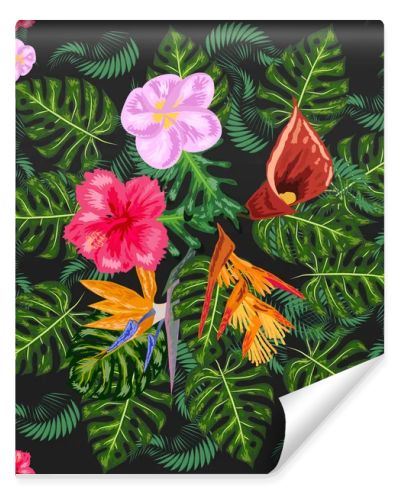 Tropical pink orchid flowers, monstera, banana palm leaves seamless pattern. Jungle foliage illustration. Exotic plants. Summer beach floral design. Paradise nature