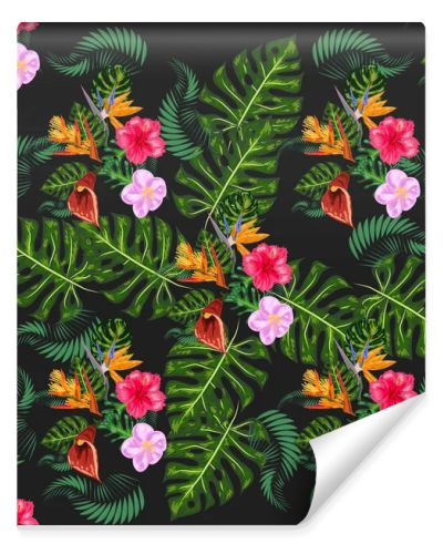 Tropical pink orchid flowers, monstera, banana palm leaves seamless pattern. Jungle foliage illustration. Exotic plants. Summer beach floral design. Paradise nature