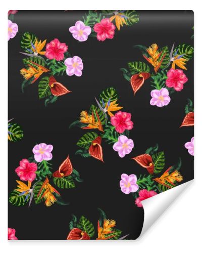 Tropical pink orchid flowers, monstera, banana palm leaves seamless pattern. Jungle foliage illustration. Exotic plants. Summer beach floral design. Paradise nature