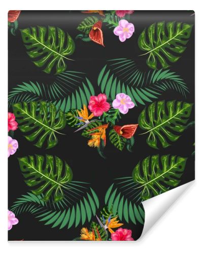 Tropical pink orchid flowers, monstera, banana palm leaves seamless pattern. Jungle foliage illustration. Exotic plants. Summer beach floral design. Paradise nature