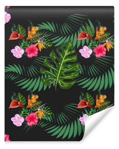 Tropical pink orchid flowers, monstera, banana palm leaves seamless pattern. Jungle foliage illustration. Exotic plants. Summer beach floral design. Paradise nature