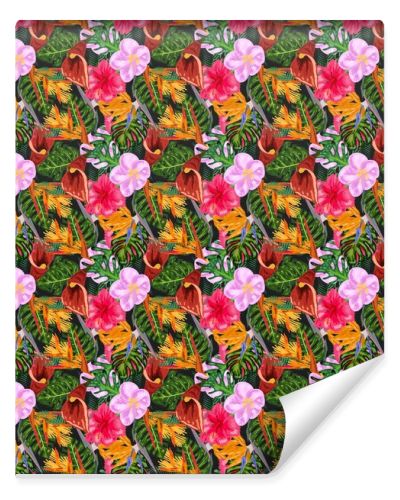 Tropical pink orchid flowers, monstera, banana palm leaves seamless pattern. Jungle foliage illustration. Exotic plants. Summer beach floral design. Paradise nature