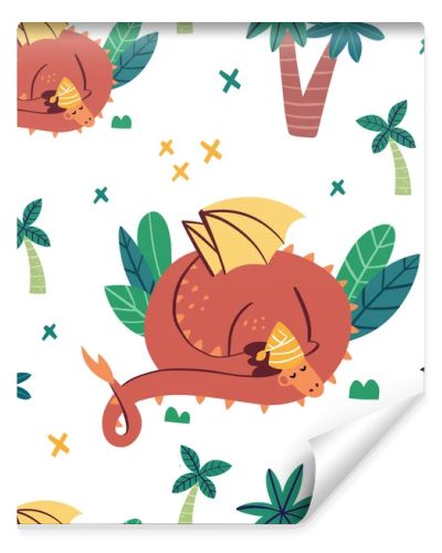 Seamless vector pattern with cute dinosaur on white background. Perfect for textiles and wrapping paper.