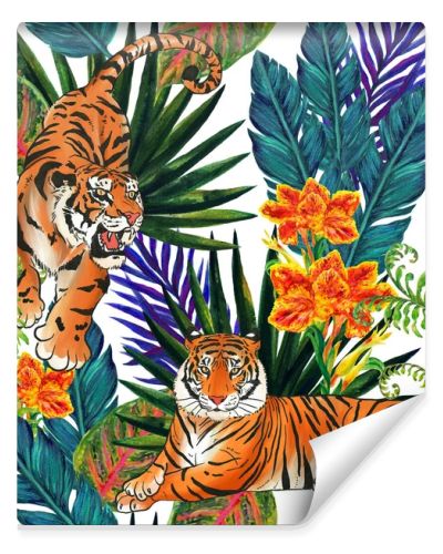 Watercolor tropical seamless pattern. Canna flower, palm, fern, banana leaves foliage and wild animals tiger texture for print wrapping fabric