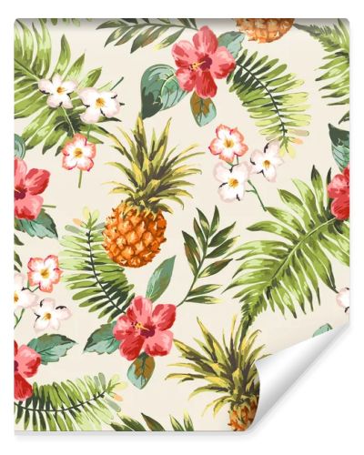 Vintage seamless tropical flowers with pineapple vector pattern background