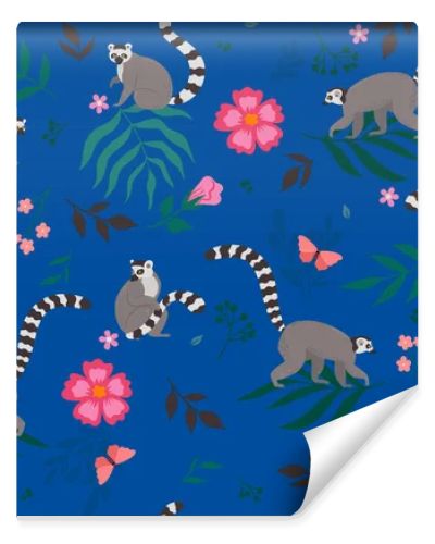 Seamless pattern with lemurs and flora elements. Vector image.