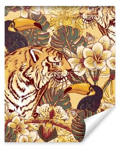 Tropical floral seamless background with Tiger