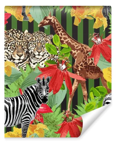 Leopards, zebra, giraffe and flowers
