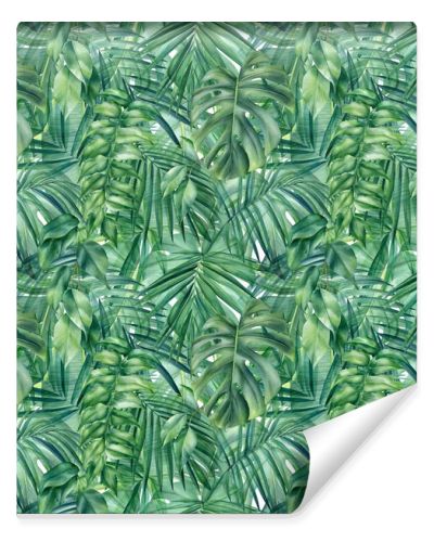 Seamless pattern of tropical palm leaves, jungle background, watercolor painting