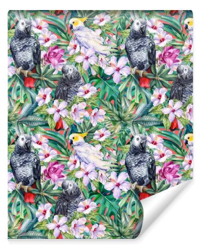 Monstera leaves and parrot cockatoo, watercolor hand painted wildlife illustration, seamless pattern, jungle design