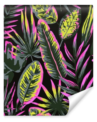 Seamless pattern with modern neon tropical leaves and plants for design and textile.