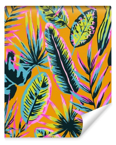 Seamless pattern with modern neon tropical leaves and plants for design and textile.