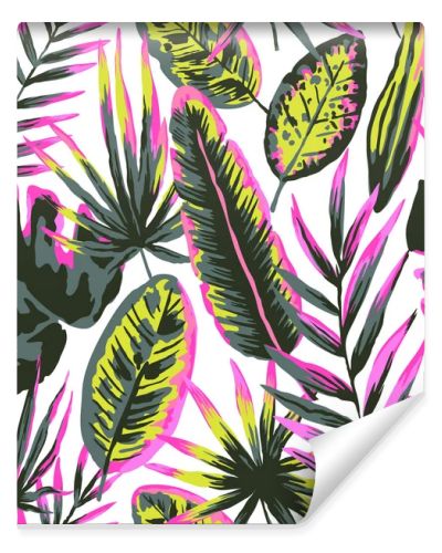 Seamless pattern with modern neon tropical leaves and plants for design and textile.