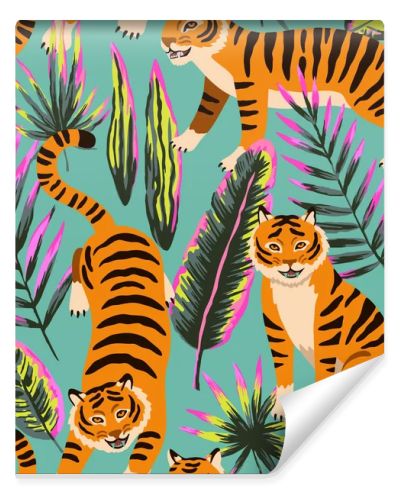 Seamless pattern with cute cartoon tigers and doodle tropical leaves. 