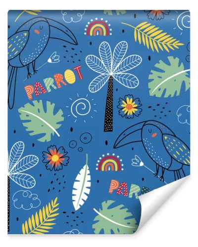 Seamless pattern with tiger and palm trees. Animals of Africa, elements of flora and fauna. Fairy Tale kid textile, wrapping paper, background. Kids animal characters. 