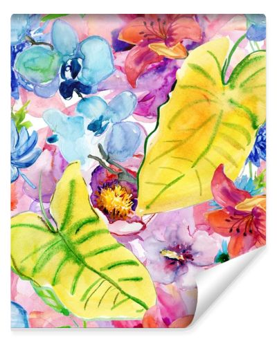 Tropical leaves and exotic flowers