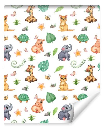 Watercolor wild animals seamless pattern, Jungle, Safari digital paper. Giraffe, hippo, kangaroo, elephant, turtle background, kids textile pattern, digital paper, textile pattern design