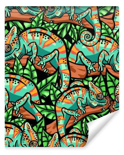 Hand drawn pattern with chameleons. Seamless jungle pattern. Pattern for creative t shirt, textile, favric, wrapping paper and more