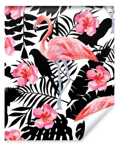 flamingo and hibiscus watercolor pattern, parrots and tropical plants silhouette background