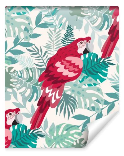 Beautiful tropical  seamlless pattern with  tropical parrots, colorful exotic Birds, leaves, flowers, plants  art print for travel and holiday, fashion, textile, web,  posters, wallpapers  Vector illustration  EPS 10