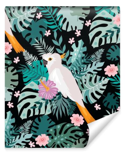 Beautiful tropical  seamlless pattern with  tropical parrots, colorful exotic Birds, leaves, flowers, plants  art print for travel and holiday, fashion, textile, web,  posters, wallpapers  Vector illustration  EPS 10