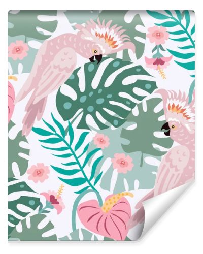 Beautiful tropical  seamlless pattern with  tropical parrots, colorful exotic Birds, leaves, flowers, plants  art print for travel and holiday, fashion, textile, web,  posters, wallpapers  Vector illustration  EPS 10