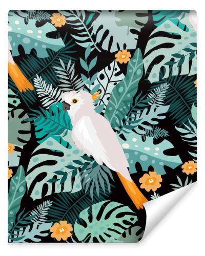 Beautiful tropical  seamlless pattern with  tropical parrots, colorful exotic Birds, leaves, flowers, plants  art print for travel and holiday, fashion, textile, web,  posters, wallpapers  Vector illustration  EPS 10