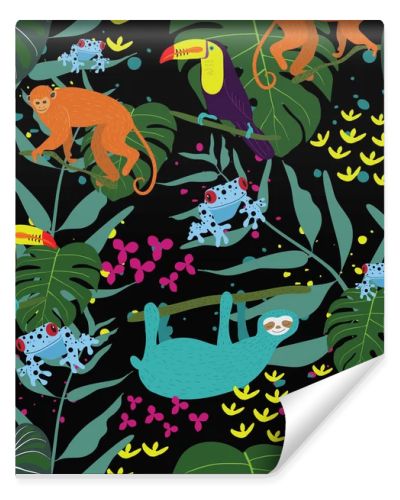 Rain forest tropical jungle pattern with colorful poison dart fr