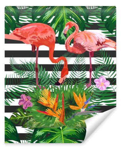 Seamless pattern with dark blue grunge stripes and pink flamingo