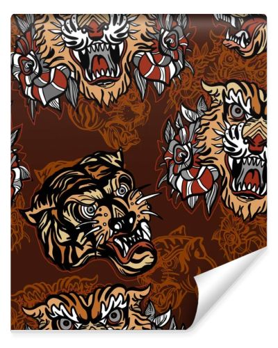 Tigers seamless pattern, old school tattoo vector