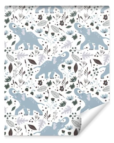 Elephant with Trunk and Tusks Among Foliage Vector Seamless Pattern. Jungle Flora and Fauna Design for Wallpapers