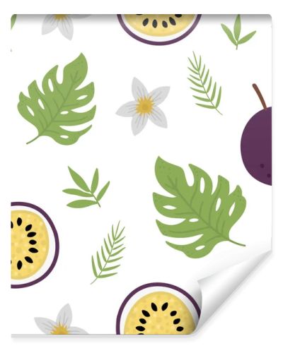 Vector passion fruit seamless pattern. Jungle fruit repeat background. Hand drawn flat exotic texture d. Bright childish healthy tropical summer food digital paper